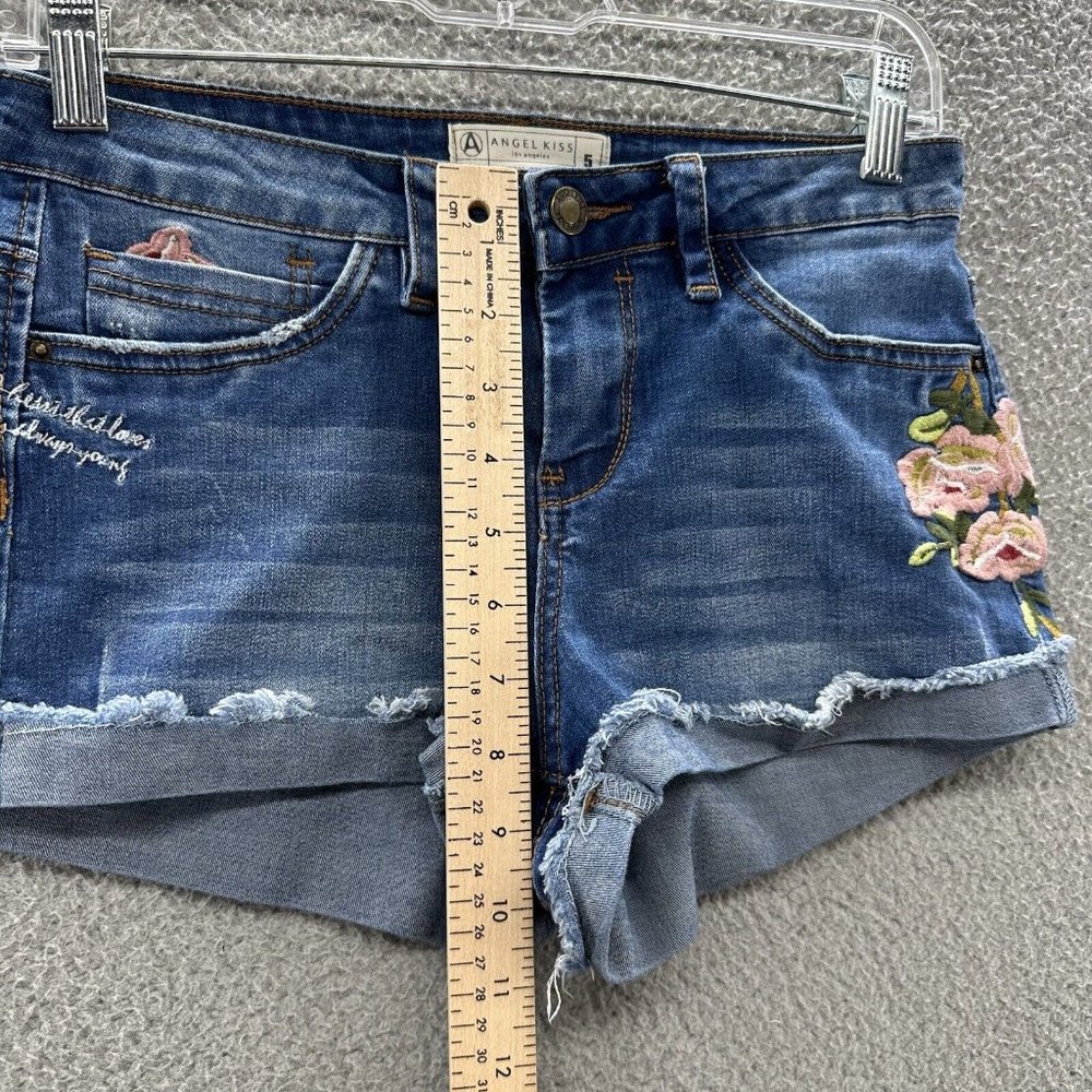 Angel Kiss Shorts Juniors 5 Blue Denim Floral Embroidered Cuff Shorts Junior's 5 - Picture 9 of 14